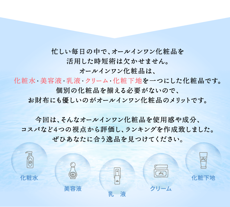 オールインワン化粧品は、化粧水・美容液・乳液・クリーム・化粧下地を一つにした化粧品です。